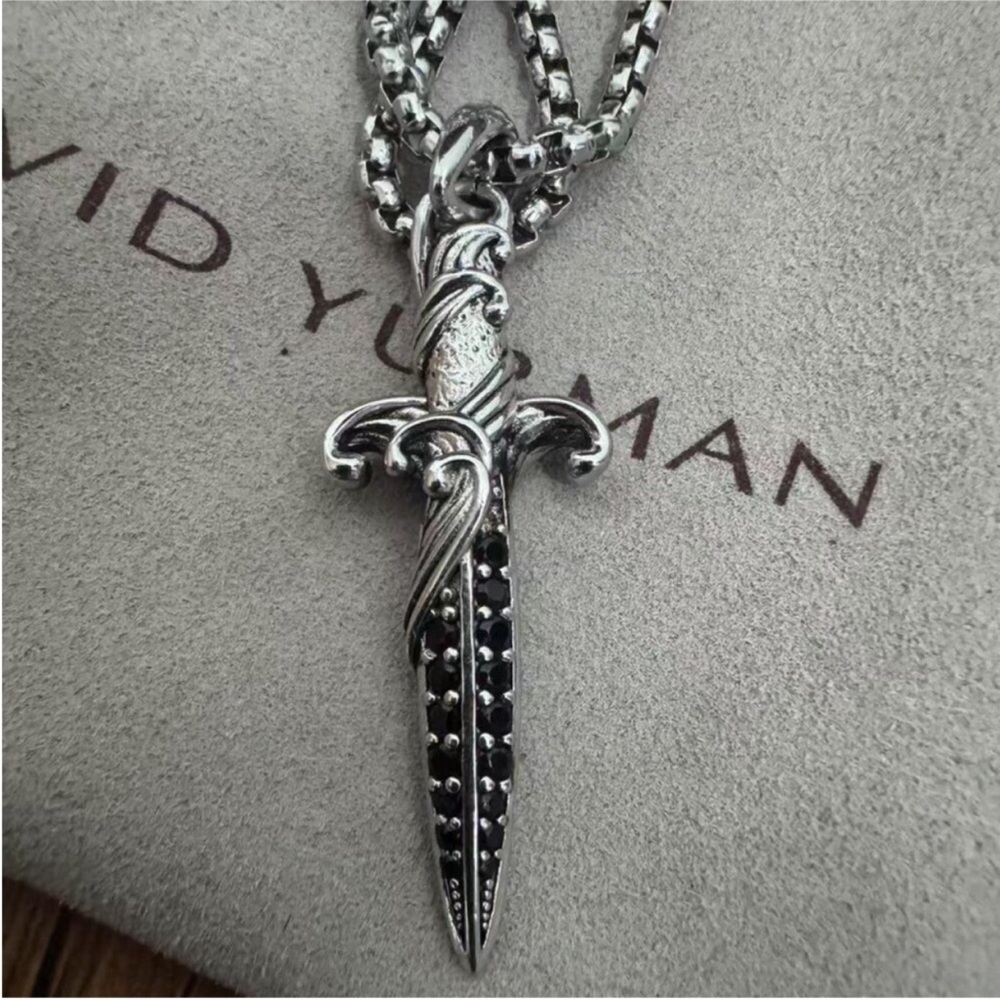 David Yurman Sterling Silver Dagger Pendant Necklace with Black Accents